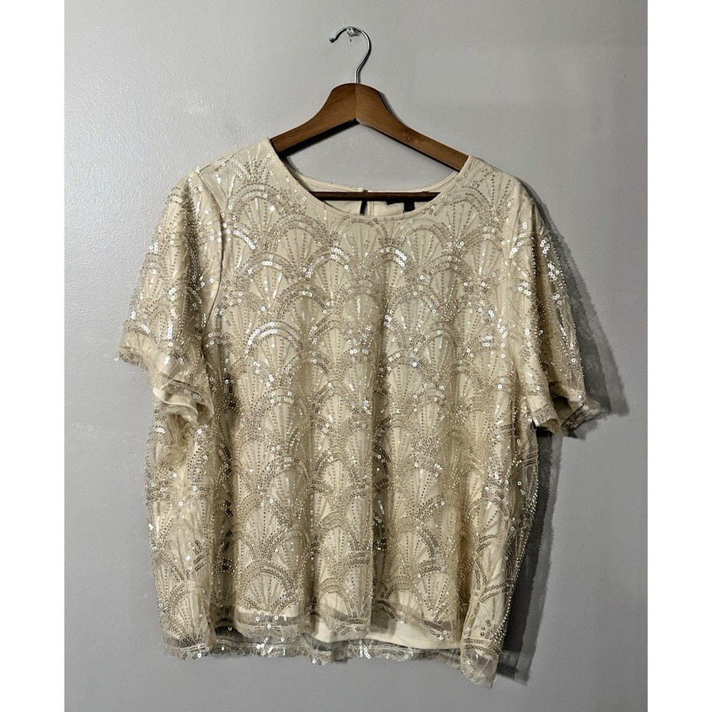 NWT Adrianna Papell Sparkle Crew Neck Bead‎ Sequin Blouse SZ XL Color Sparkleecr